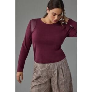 Anthropologie Maeve Top Faux Leather-Inset Pullover Burgundy Size 2X Ribbed